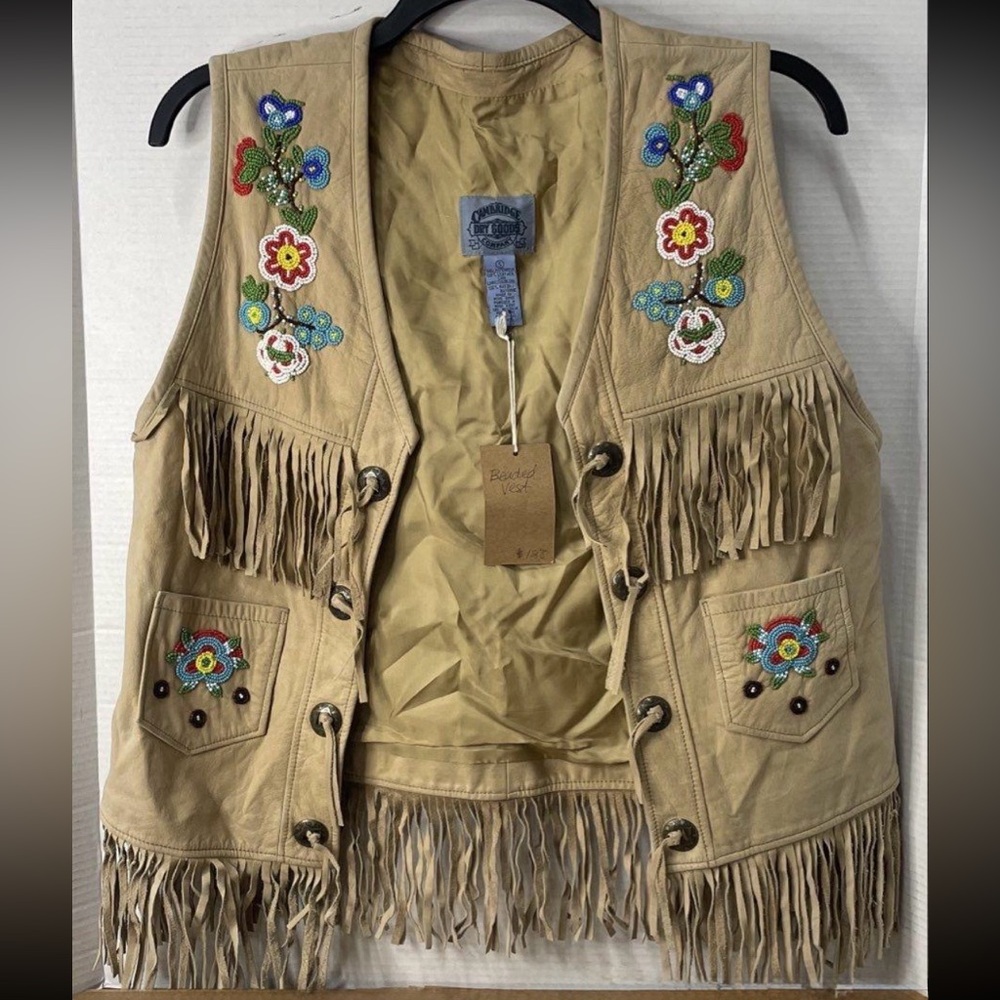 Cambridge Dry Goods Tan Suede Fringe Vest with Multicolor Floral Embroidery